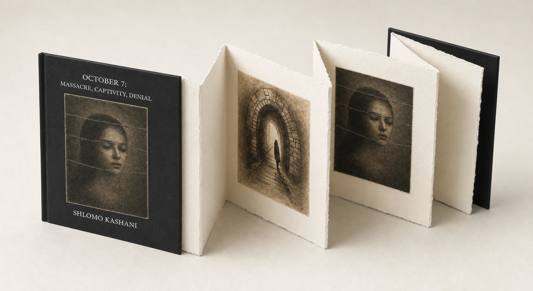 Partially folded October 7 concertina artist's book showing its black cloth boards, deckled paper and alternating folds