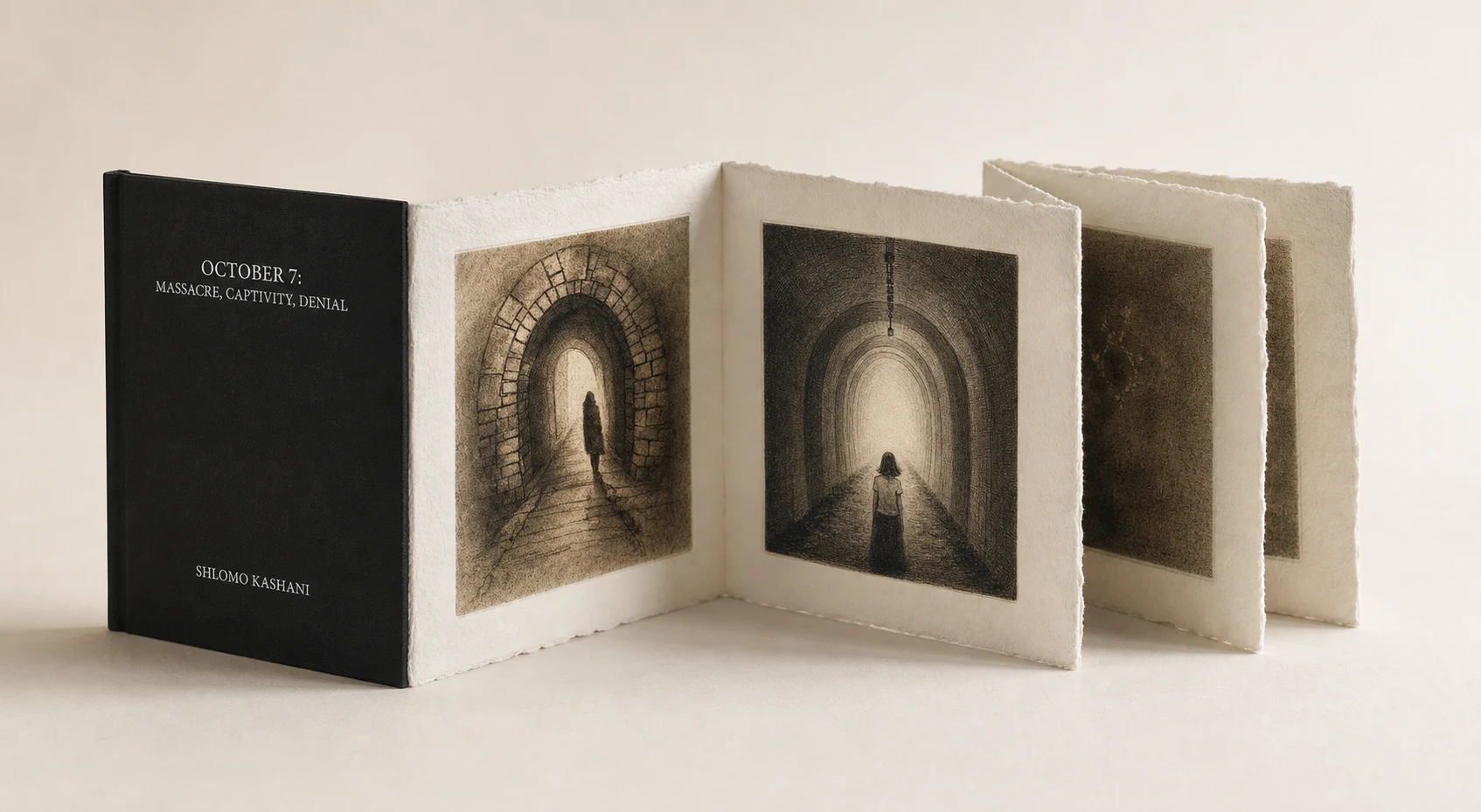October 7 concertina artist's book extended to show two photopolymer gravures