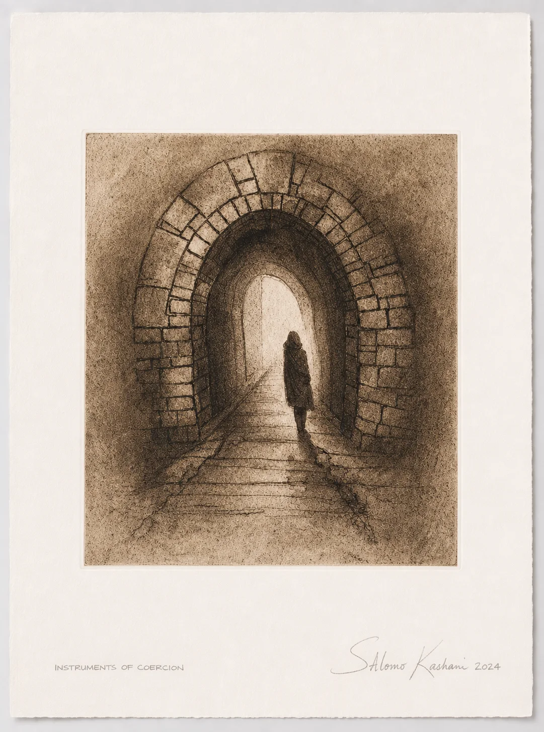 Signed 2024 Instruments of coercion print mock, photopolymer gravure by Shlomo Kashani for the limited artist's edition of his October 7 book