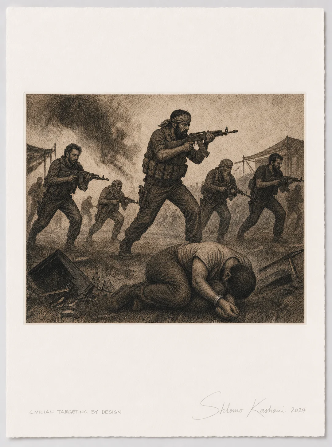 Signed 2024 Civilian targeting by design print mock, photopolymer gravure by Shlomo Kashani for the limited artist's edition of his October 7 book