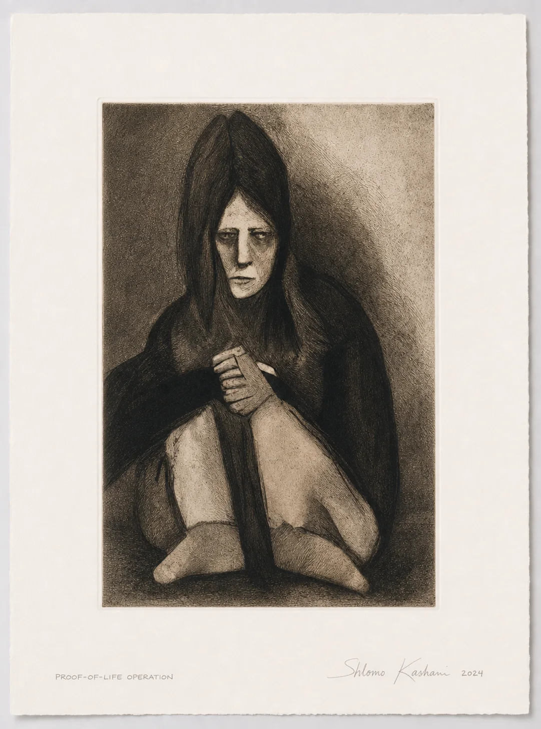Signed 2024 Proof-of-life operation print mock, photopolymer gravure by Shlomo Kashani for the limited artist's edition of his October 7 book