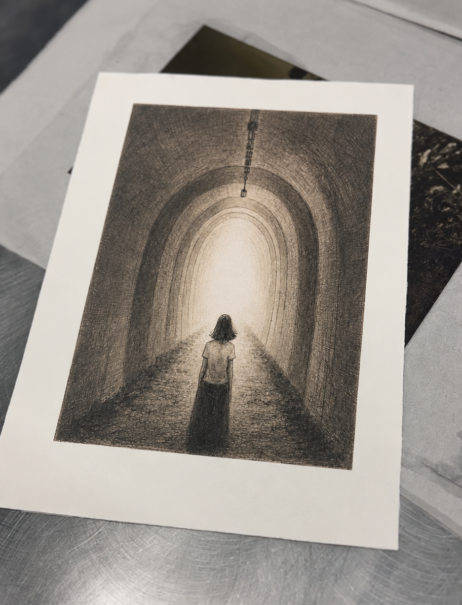 Evidentiary inversion aquatint shown as a loose print in the studio