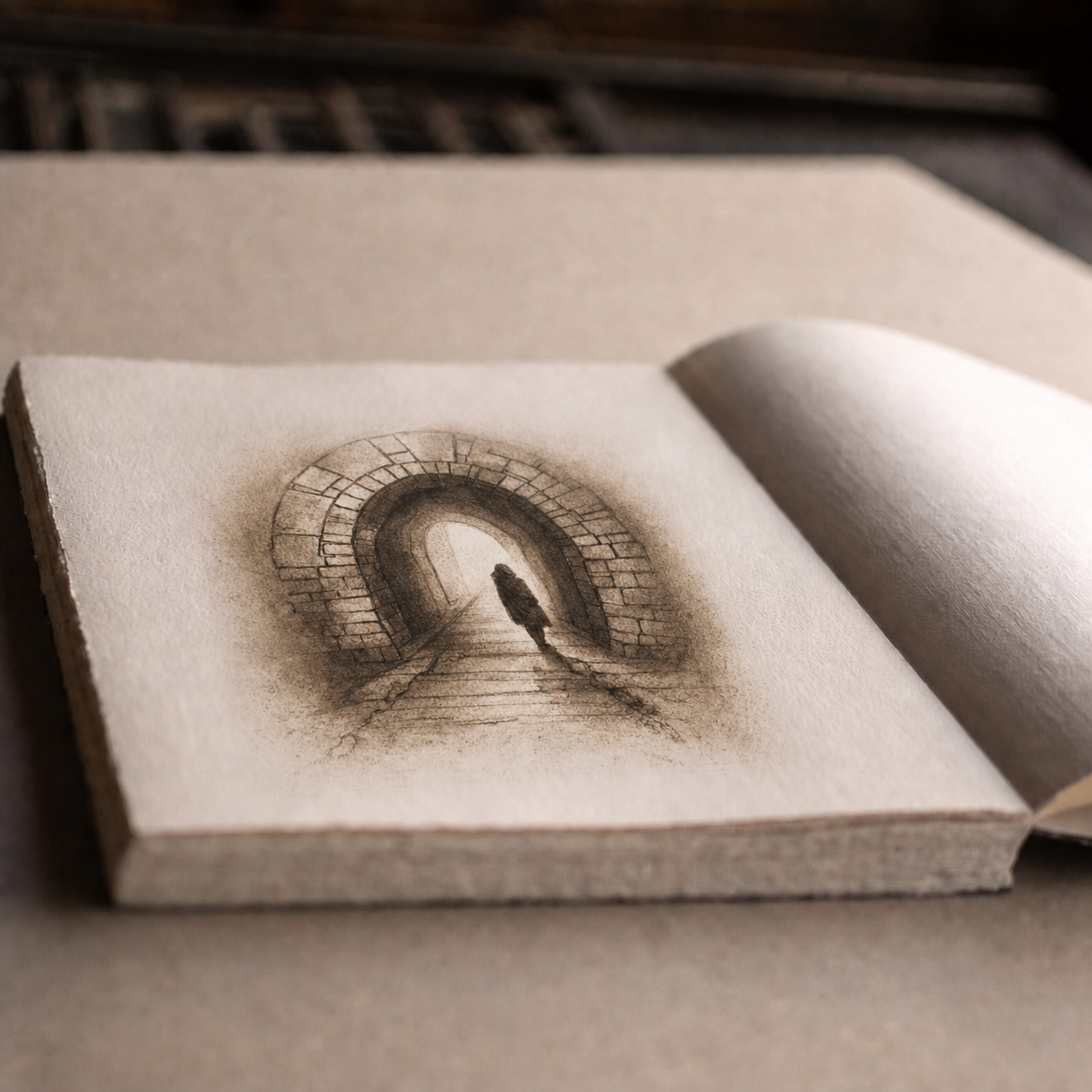 Open handmade artist's book displaying the Instruments of coercion aquatint