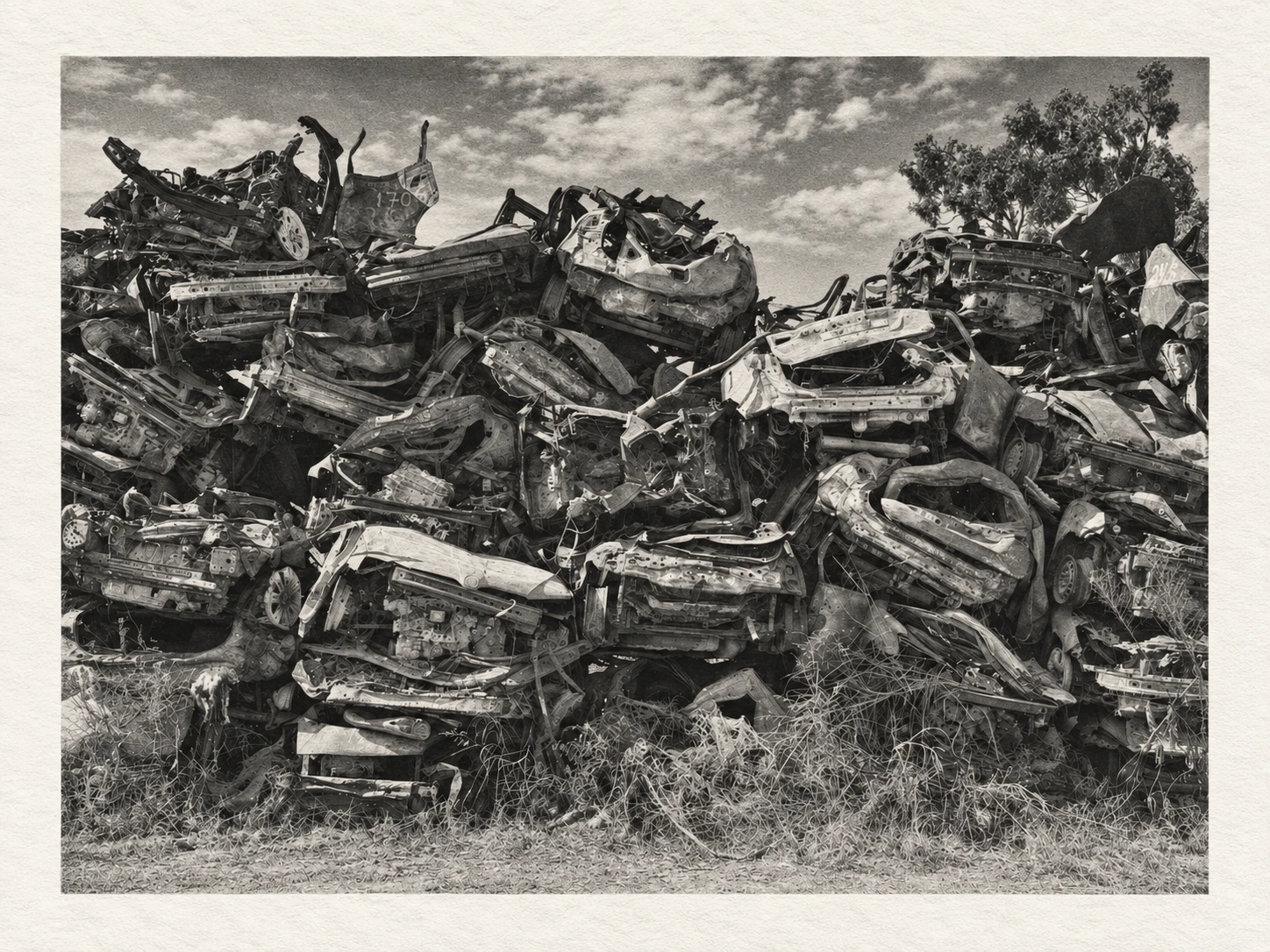 Ground Zero I, photogravure · Shlomo Kashani · October 7 book Burned cars documented after the October 7 attacks. Ground Zero I, photogravure by Shlomo Kashani from Traces of October, the companion art book to his October 7 book.