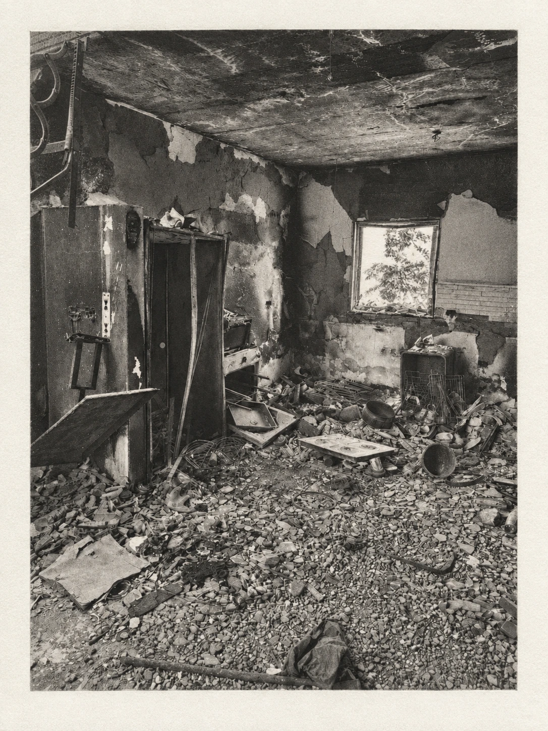 Ground Zero III, photogravure · Shlomo Kashani · October 7 book A burned interior at an atrocity site. Ground Zero III, photogravure by Shlomo Kashani from Traces of October, the companion art book to his October 7 book.