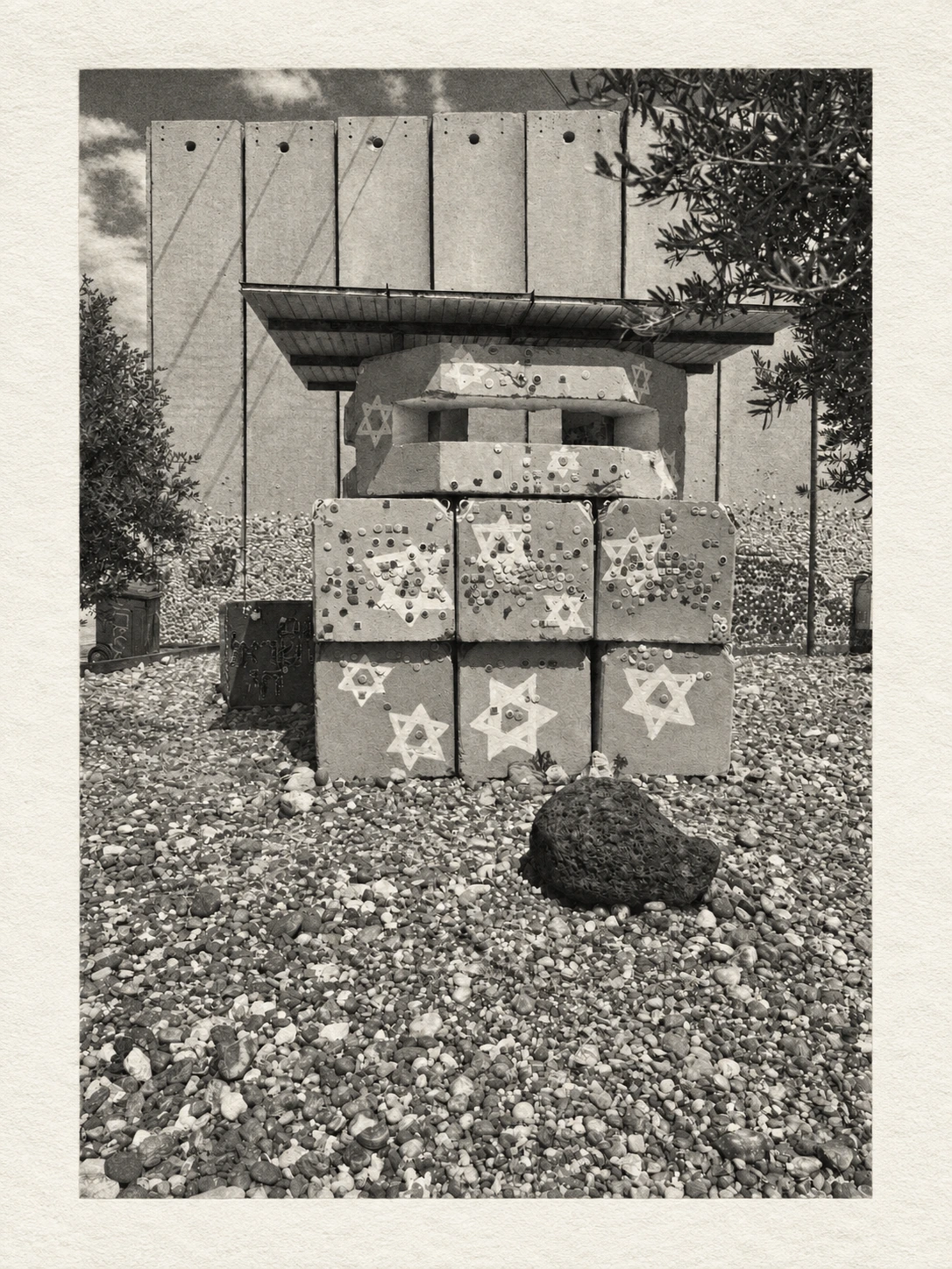 Ground Zero VI, photogravure · Shlomo Kashani · October 7 book A painted shelter and memorial surface. Ground Zero VI, photogravure by Shlomo Kashani from Traces of October, the companion art book to his October 7 book.