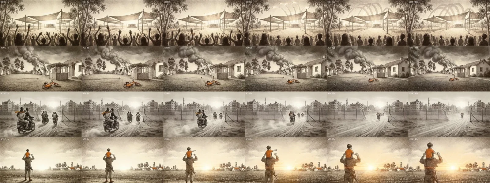 Four rows of six drawings each, from October 7: The Day. The rows show the Nova crowd at sunrise as raised arms come down and rocket trails cross the sky, a burning kibbutz house beside a fallen motorcycle, motorcycles carrying people away towards a city, and a soldier at dawn with his small son on his shoulders.