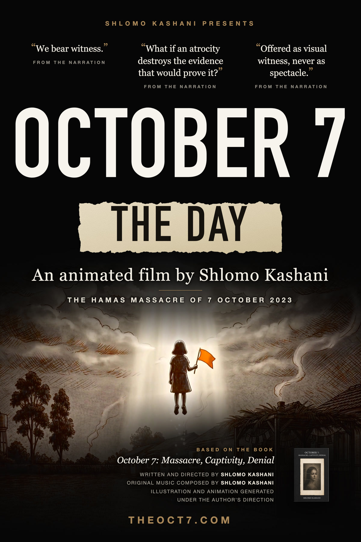 Poster of October 7: The Day, an animated film by Shlomo Kashani. A girl holding an orange flag rises in a shaft of light above a kibbutz.